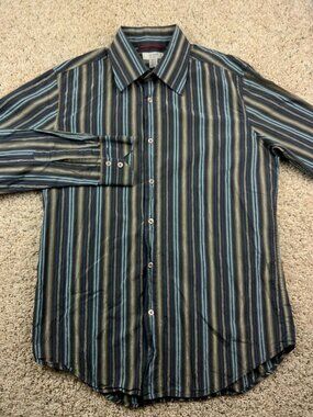 Guess Colorful Shiny Button Up Medium Men’s Blue Gold Vertical Striped Bold